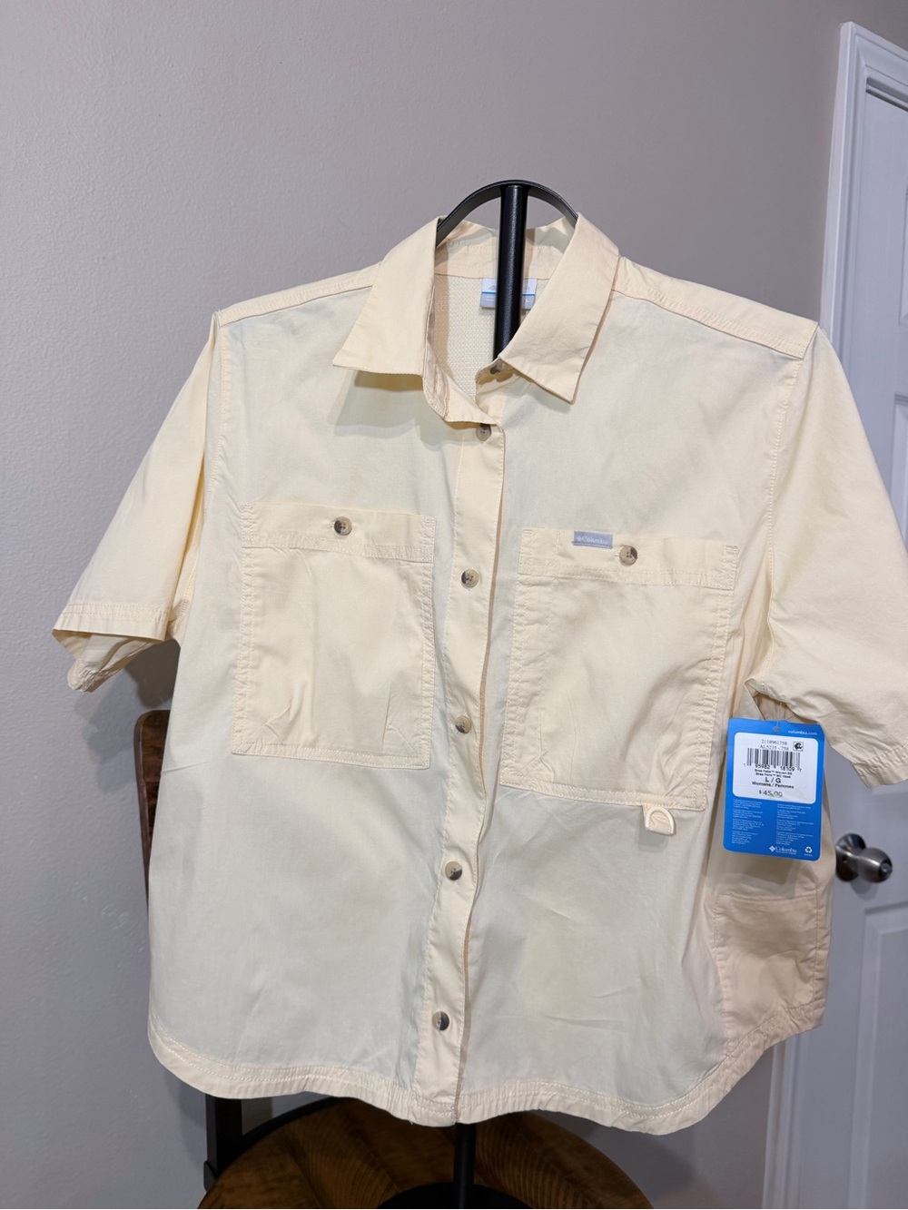 Columbia PFG Women’s Short Sleeve Button-Up Fishing Shirt Yellow Large Pockets